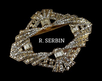 Signed RICHARD SERBIN AB Swarovski Crystal Art Deco Styled Brooch Late 1970’s 1980’s