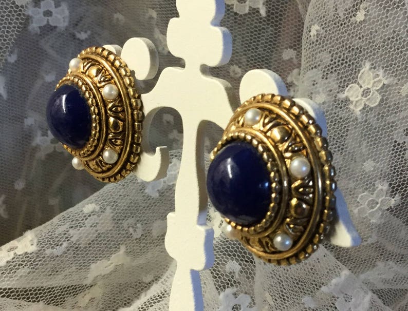 Signed Vendome Faux Lapis Faux Pearl Gold Tone Dome Earrings