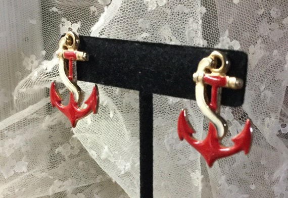 Red White Enamel Anchor Earrings Pierced Unsigned… - image 4