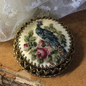 Elegantly Detailed Blue Peacock Red Roses Needlepoint Gold Tone Brooch Pin Unsigned 1920s 1930s image 1