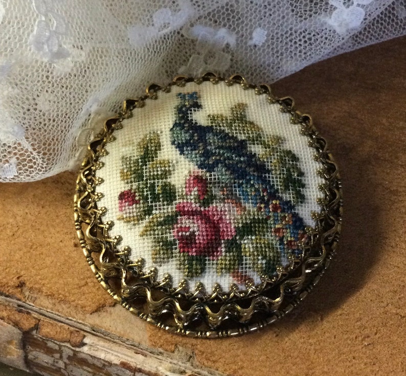 Elegantly Detailed Blue Peacock Red Roses Needlepoint Gold Tone Brooch Pin Unsigned 1920s 1930s image 1