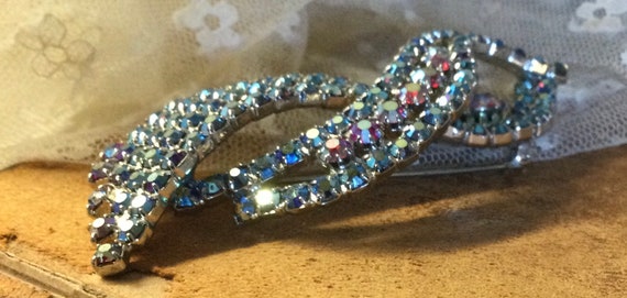 Stunning AB Blue AB Pink Rhinestone Ribbon Brooch… - image 4