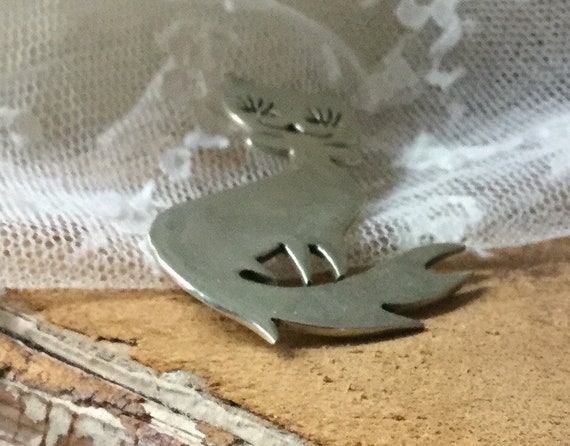 Signed ALPACA MEXICO Silver Tone Cat Brooch Pin 1… - image 3