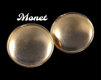 Signed MONET Large Round Disk Gold Tone Earrings 1960’s 1970’s Brushed Finish Chic Sophisticated