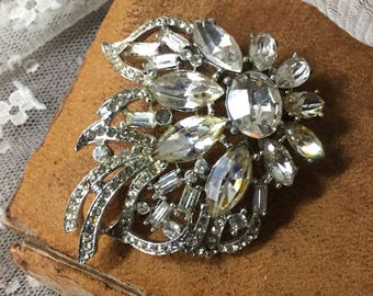 Large Clear Rhinestone Silver Tone Flower Brooch Pin