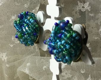 Blue Green Twisted Wired Seed Bead Earrings Unsigned Clip On