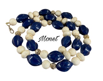 Signed MONET Navy Blue White Lucite Single Strand Necklace 1970’s Gold Tone Filigree Beads