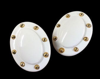 So Perfect Bright White Lucite Gold Ball Trimmed Oval Earrings Unsigned Clip On 1970’s 1980’s Larger Size