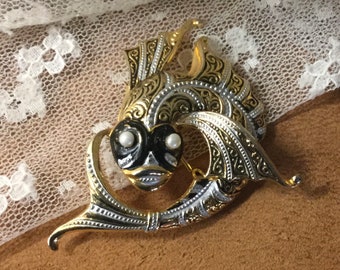 Signed Spain Faux Damascene Fish Pisces Brooch Pin Faux Pearl Eyes 1960’s 1970’s AMS