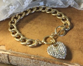 Contemporary Clear Pave Rhinestone Puffed Heart Heavy Gold Tone Chain Bracelet Unsigned 1990’s