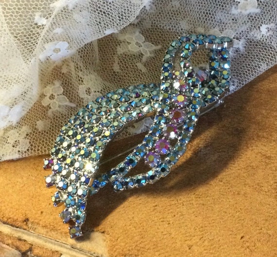 Stunning AB Blue AB Pink Rhinestone Ribbon Brooch… - image 1