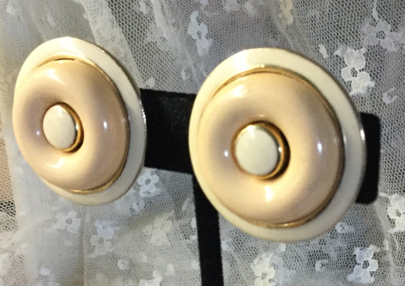 Tone On Tone White Enamel Button Domed Earrings Unsigned Clip On