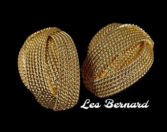 Signed LES BERNARD Very Large Very Textured Rope Accented Earrings Clip On 1960’s 1970’s
