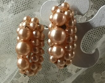 Peach Hued Signed Triad Wired Glass Pearl Earrings Screwback