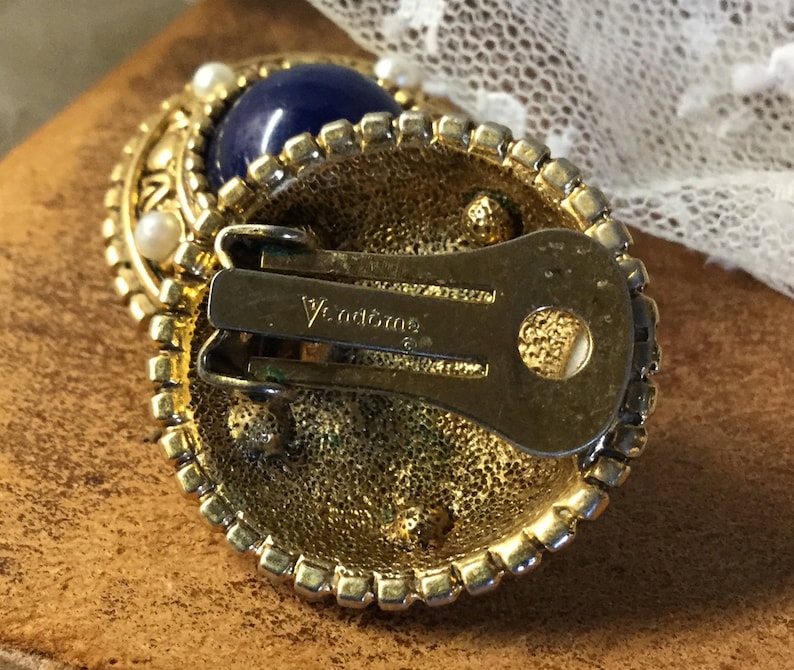 Signed Vendome Faux Lapis Faux Pearl Gold Tone Dome Earrings