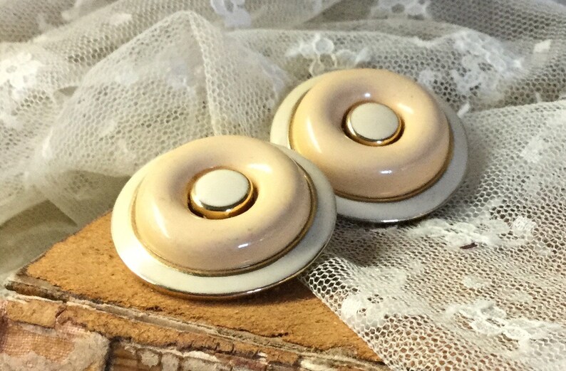 Tone On Tone White Enamel Button Domed Earrings Unsigned Clip On