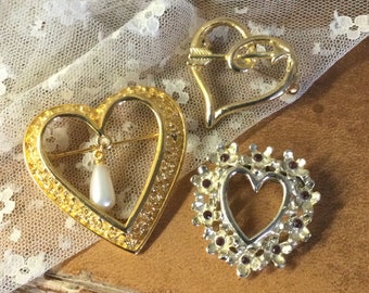 Instant Collection Lot Three 3 Gold Tone Heart Brooches Pins Unsigned 1950’s 1970’s 1980’s Valentine’s Day Love