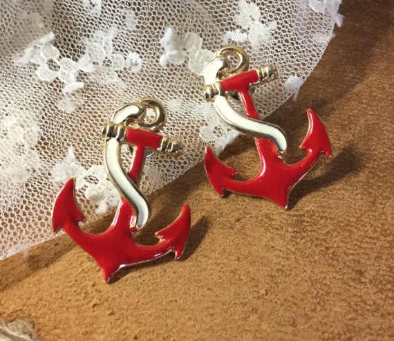 Red White Enamel Anchor Earrings Pierced Unsigned… - image 1