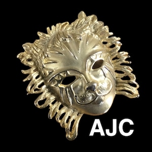 Signed AJC Shiny Matte Gold Tone Cat Feline Mask Brooch Pin 1960’s 1970’s Gift for Her