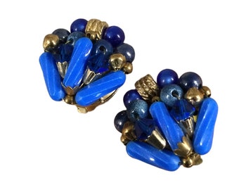 Bright Blue and Cobalt Blue Glass Clustered Bead Earrings Unsigned Clip On 1940’s 1950’s