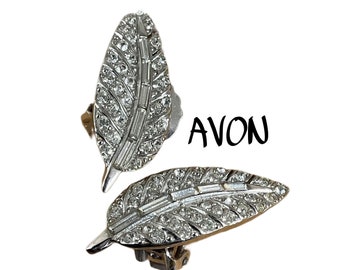 Signed AVON Sparkling Clear Rhinestone Silver Tone Leaf Earrings Clip On 1950’s 1960’s