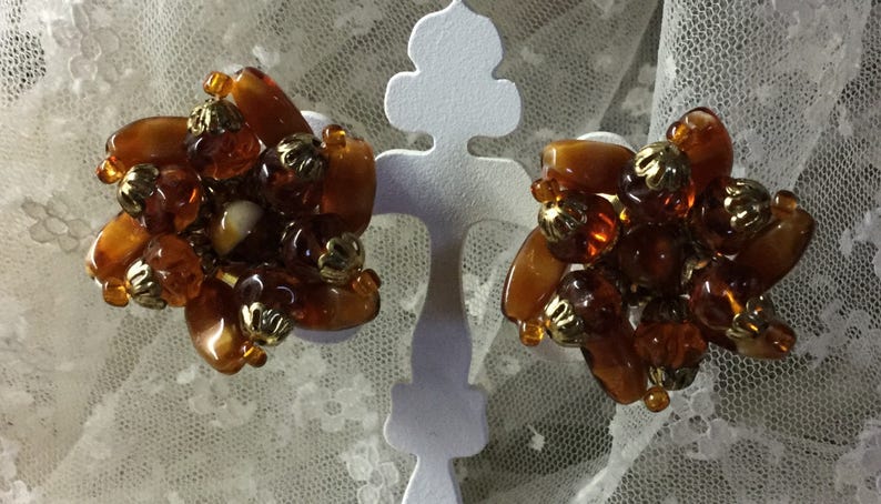 Clustered Caramel Brown Glass Bead Earrings Unsigned image 2