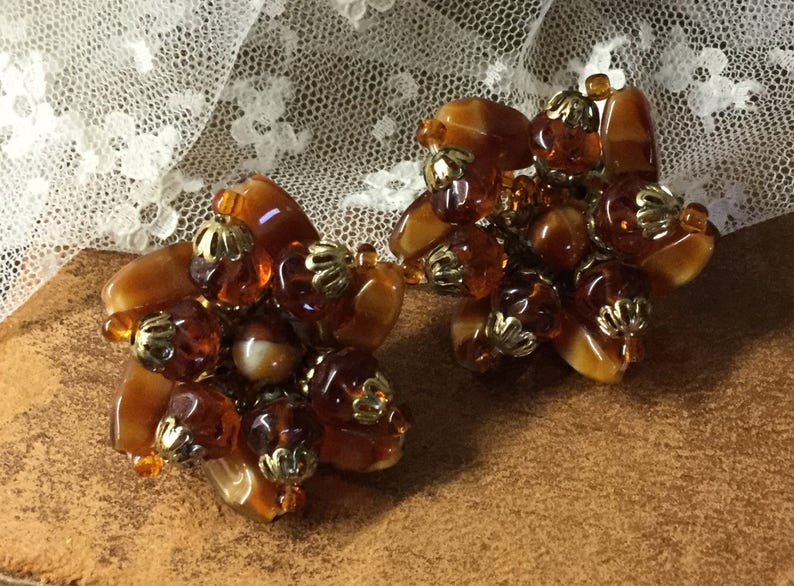 Clustered Caramel Brown Glass Bead Earrings Unsigned image 3