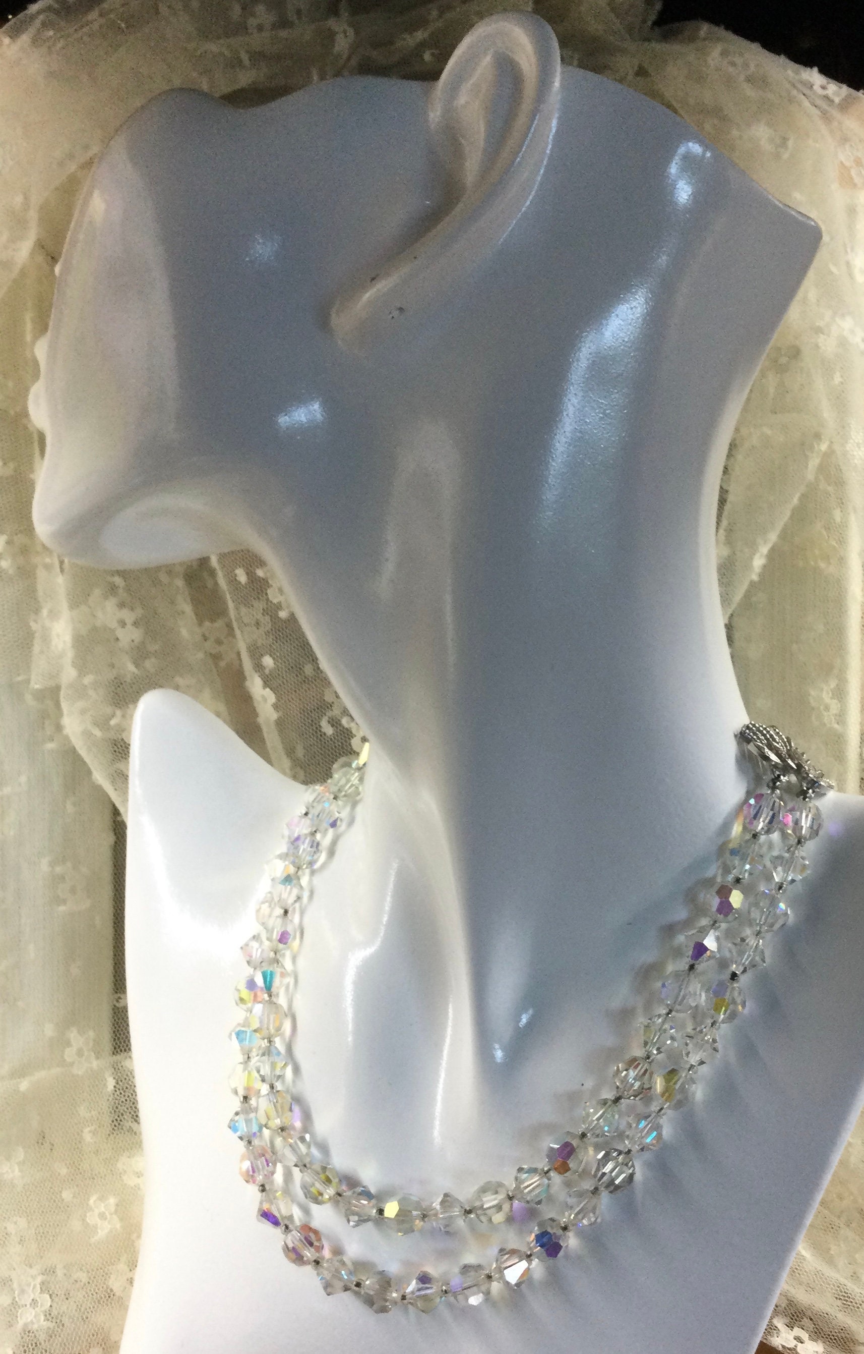 Signed CORO Stunning AB Clear Crystal Bead Two Strand Choker