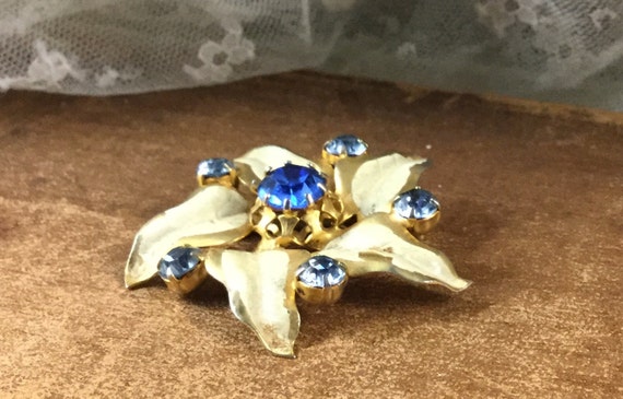 Snowy Blue Rhinestone and Painted Gold Tone Metal… - image 3
