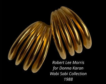 Unsigned Verified Robert Lee Morris for Donna Karan Wabi Sabi Collection 1988 4 Rib Very Large Huge Gold Plated Earrings Clip On