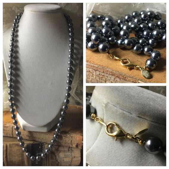 Signed Joan Rivers Black Grey Glass Pearl Bead Nec