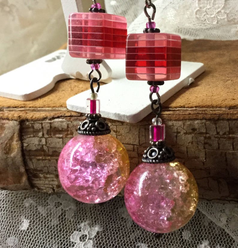 Pink Gold Speckled Glass Striped Furnace Glass Bead Earrings Very Long