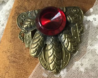 Highly Detailed Red Lucite Brass Metal Dress Clip Unsigned