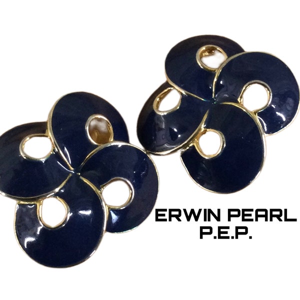 Signed ERWIN PEARL P.E.P. Navy Blue Enamel Gold Tone Knot Earrings Clip On 1980’s Gift for Her