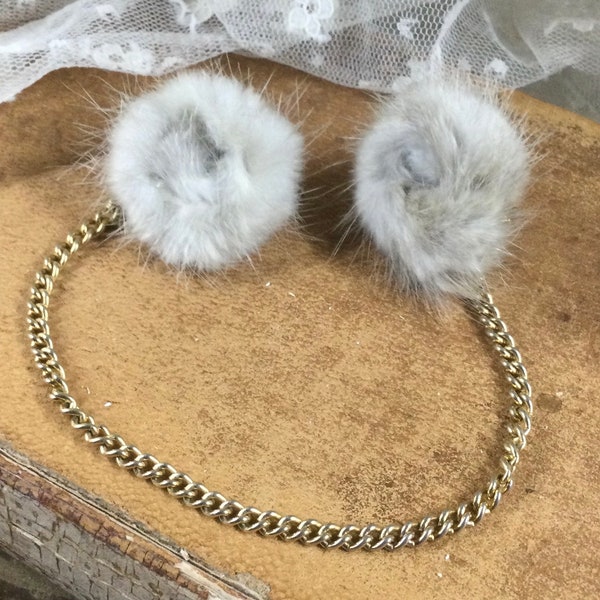 1940’s 1950’s Mink Fur Sweater Coat Clips Unsigned Gray Faux Fur Gold Tone Chain