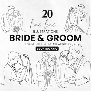 花嫁と花婿のミニマリストラインアート - 手描きの結婚式のカップルのクリップアート、モダンなデジタルクリップアート、結婚式の装飾、個人および商業用