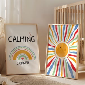 Beruhigende Ecke Dekor, Sonne Spielzimmer Poster, Aquarell Regenbogen Druck, Montessori Klassenzimmer, Homeschooling druckbar, Kinderzimmer Digital Download