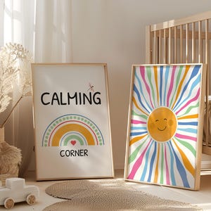 Beruhigende Ecke Dekor, Sonne Spielzimmer Poster, Aquarell Regenbogen Druck, Montessori Klassenzimmer, Homeschooling druckbare Kinderzimmer, digitaler Download