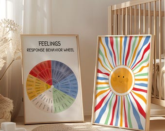 Rueda de emociones, Rincón de la calma, Póster de sala de juegos al sol, Guardería con arcoíris en acuarela, Aula Montessori, Descarga digital imprimible para educación en el hogar