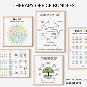 May include: A set of printable posters for a therapy office. The posters feature colorful illustrations and text related to trauma, mood, and gratitude. The posters are available in 20 different sizes.