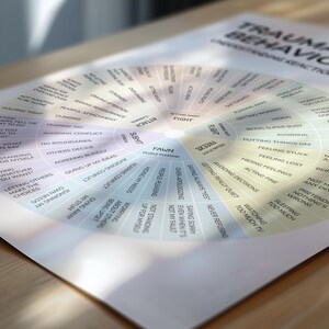 May include: A colorful wheel chart with the title "Trauma Behaviors" and a list of behaviors associated with trauma responses. The chart is divided into four sections: "Fight", "Flight", "Freeze", and "Fawn".