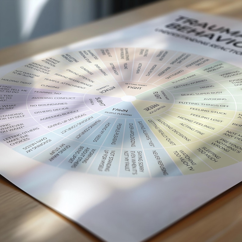 May include: A colorful wheel chart with the title "Trauma Behaviors" and a list of behaviors associated with trauma responses. The chart is divided into four sections: "Fight", "Flight", "Freeze", and "Fawn".