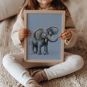 Póster de elefante azul, arte de guardería de safari, imprimibles coloridos para guardería, decoración para bebés con temática de jungla, regalo imprimible para niños pequeños, descarga de Mammoth Dig