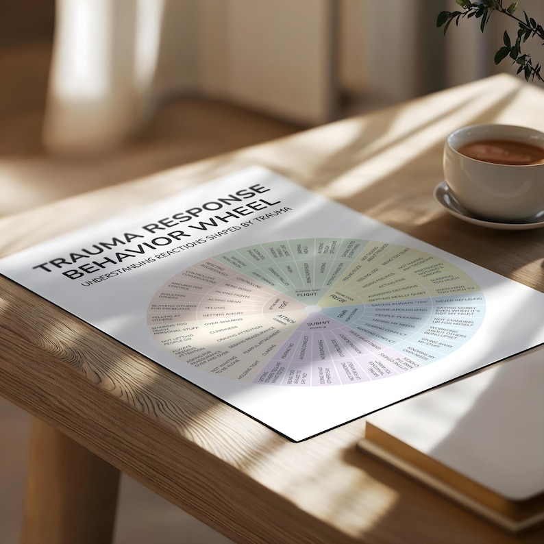May include: A white printable poster with the title "Trauma Response Behavior Wheel" and a circular diagram with different colored sections and text describing different behaviors. The poster is on a wooden table.