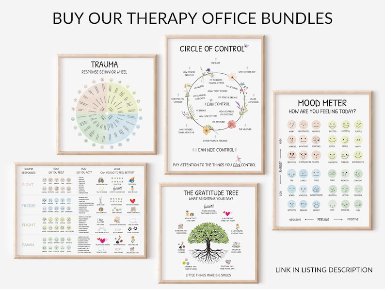 May include: Set of eight printable therapy office posters with colorful illustrations and text. The posters include: Trauma Response Behavior Wheel, Circle of Control, Mood Meter, How Are You Feeling Today?, Trauma Responses, How Do You Feel?, How Do You Act?, What Can You Do To Feel Better?, The Gratitude Tree, What Brightens Your Day?, Little Things Make Big Smiles.