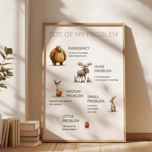 Poster grootte van mijn probleem, Calm Down Corner, schoolpsychologie, zones van regulatie, therapiebronnen, zelfregulatie, boskwekerij