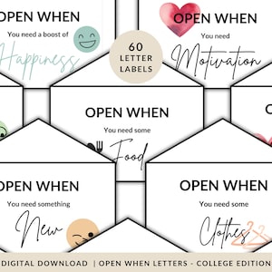 Open When Letters, College Survival Kit, College Care Packages, Open When College Cards, Open When Envelopes Etiketten, cadeau voor zoon, dochter