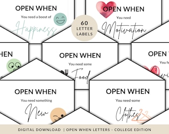 Open When Letters, College Survival Kit, College Care Packages, Open When College Cards, Open When Envelopes Labels, Gift For Son Daughter