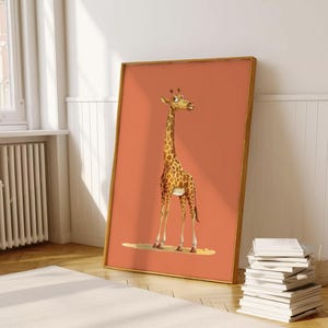 Póster de jirafa naranja, arte de guardería de safari, imprimibles coloridos para guardería, decoración para bebés con temática de jungla, regalo imprimible para niños pequeños, descarga digital