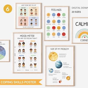 6 poster di angoli calmanti, poster delle emozioni, grafico dei sentimenti, stampa educativa, ufficio di consulenza, download digitale stampabile di CBT per l'istruzione parentale